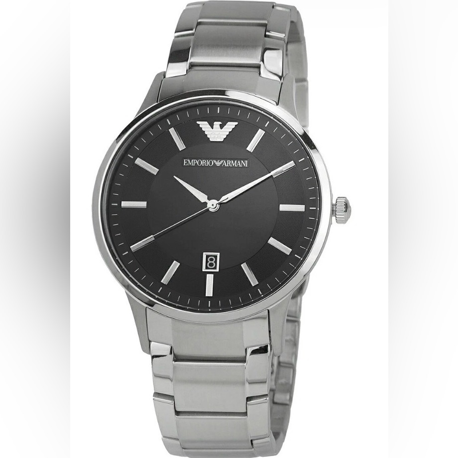 Emporio Armani Classic Silver Stainless Steel Watch With Black Dial